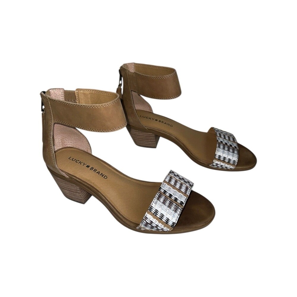 Lucky Brand Batima Sandals 7W Sesame Natural Multi Woven Ankle Strap Block Heel